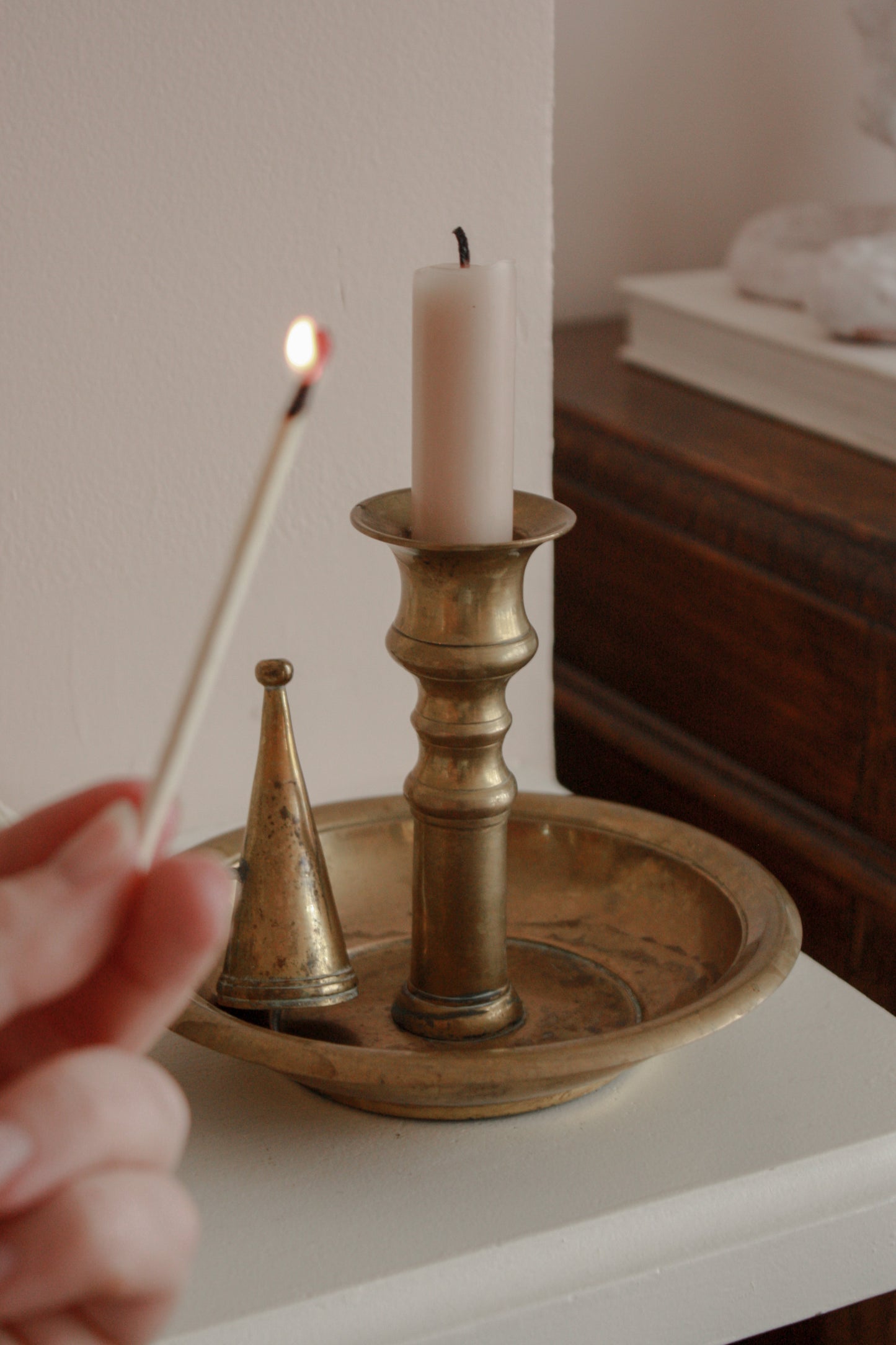 Large vintage brass candleholder with snuffer