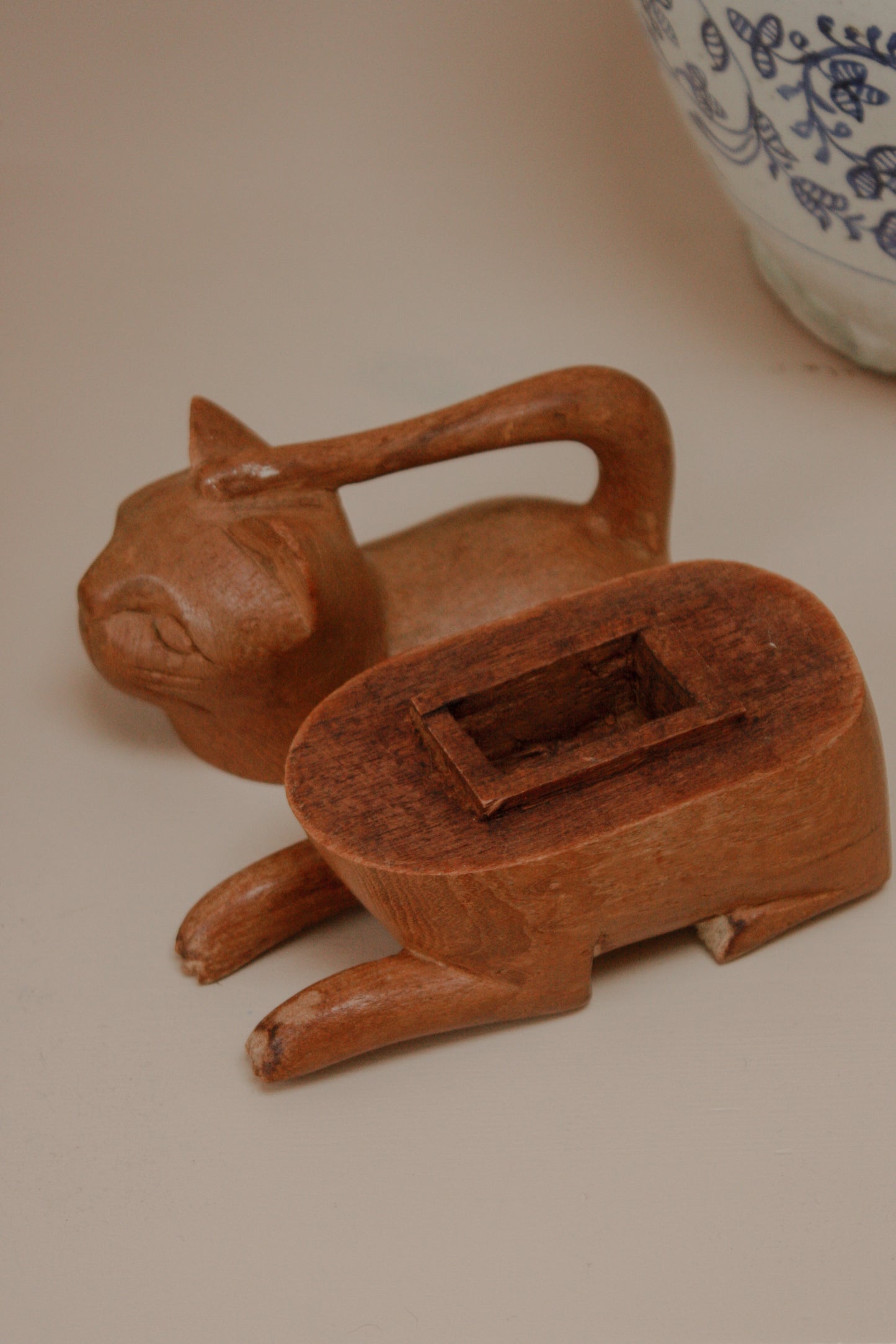 Vintage folk art carved cat box
