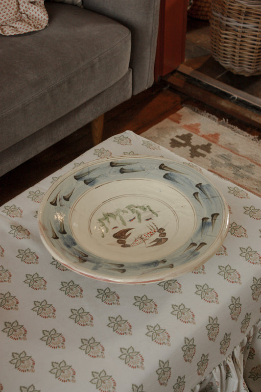 Large vintage slip glaze bowl - blue rim and crab design