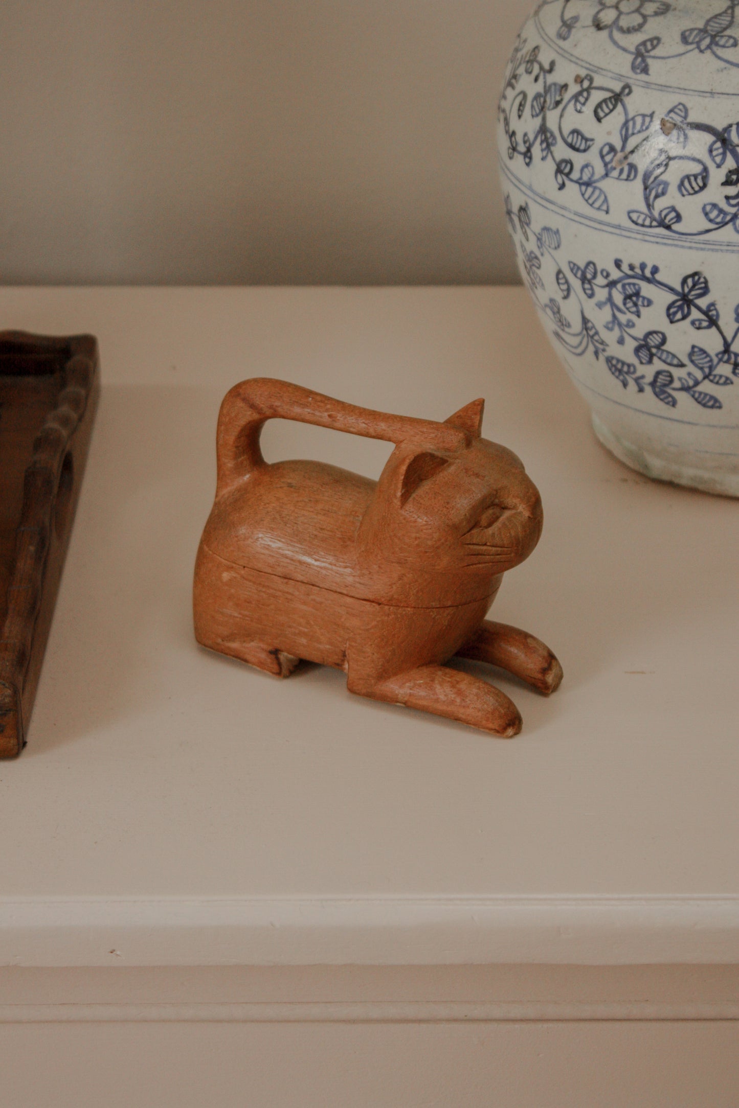 Vintage folk art carved cat box