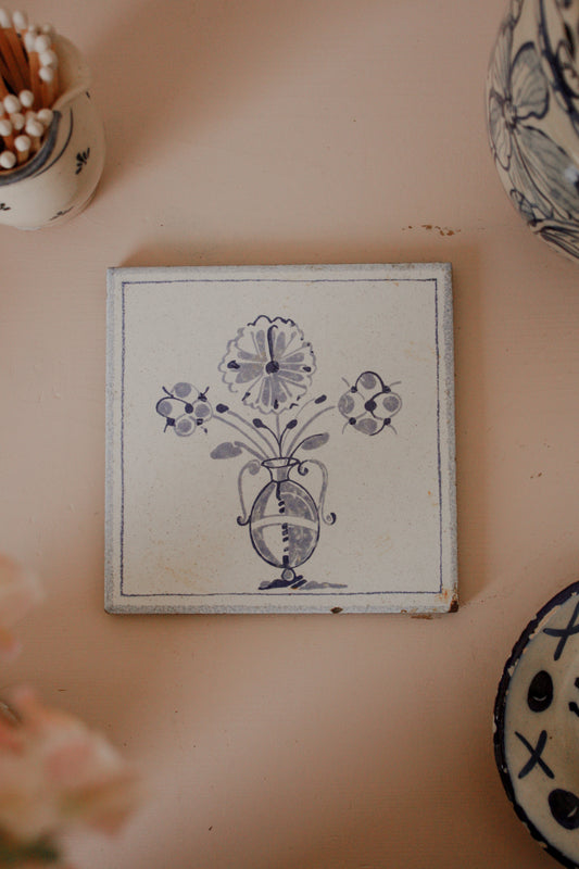 Vintage hand painted blue and white Italian tile / coaster
