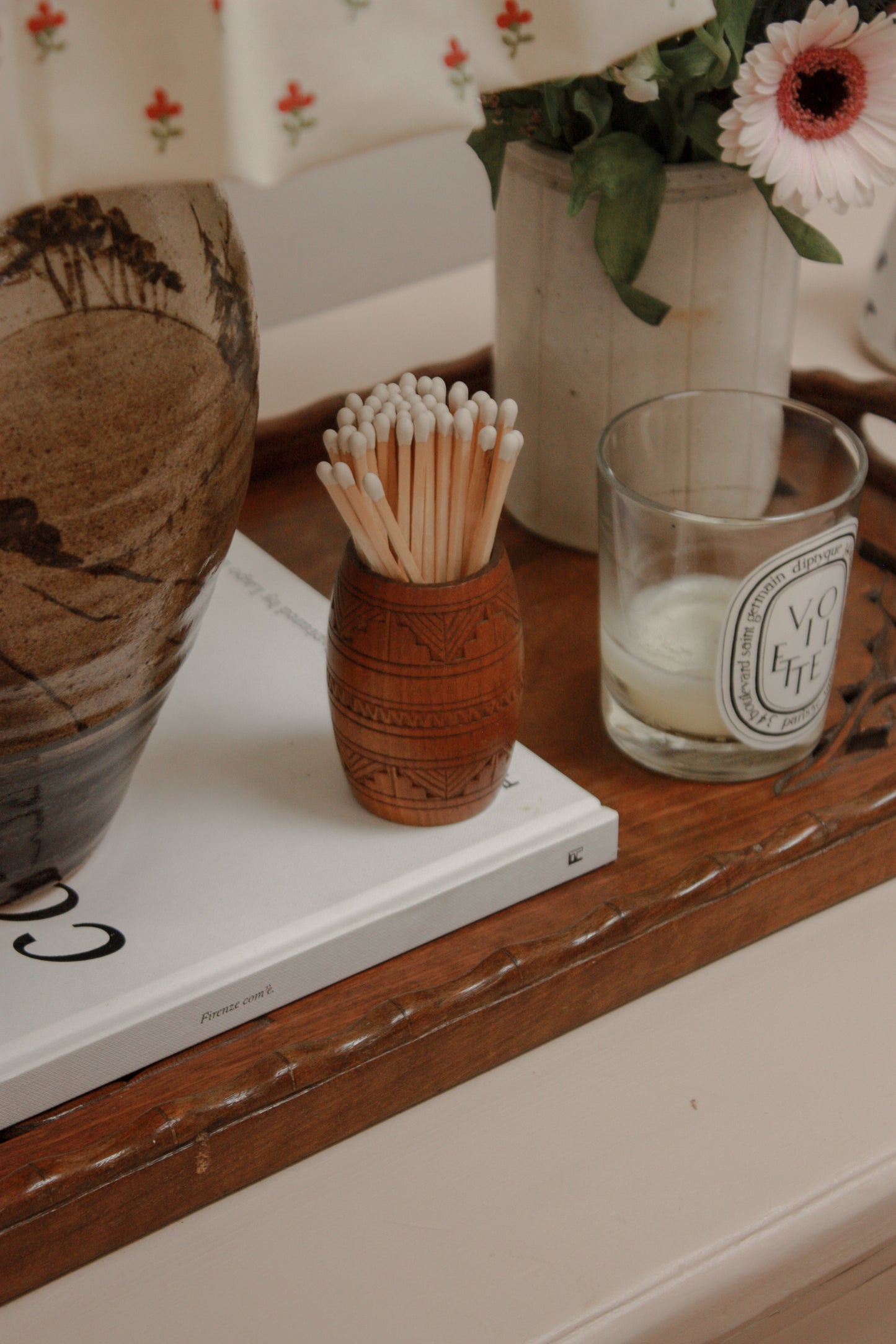 Vintage carved wooden match pot