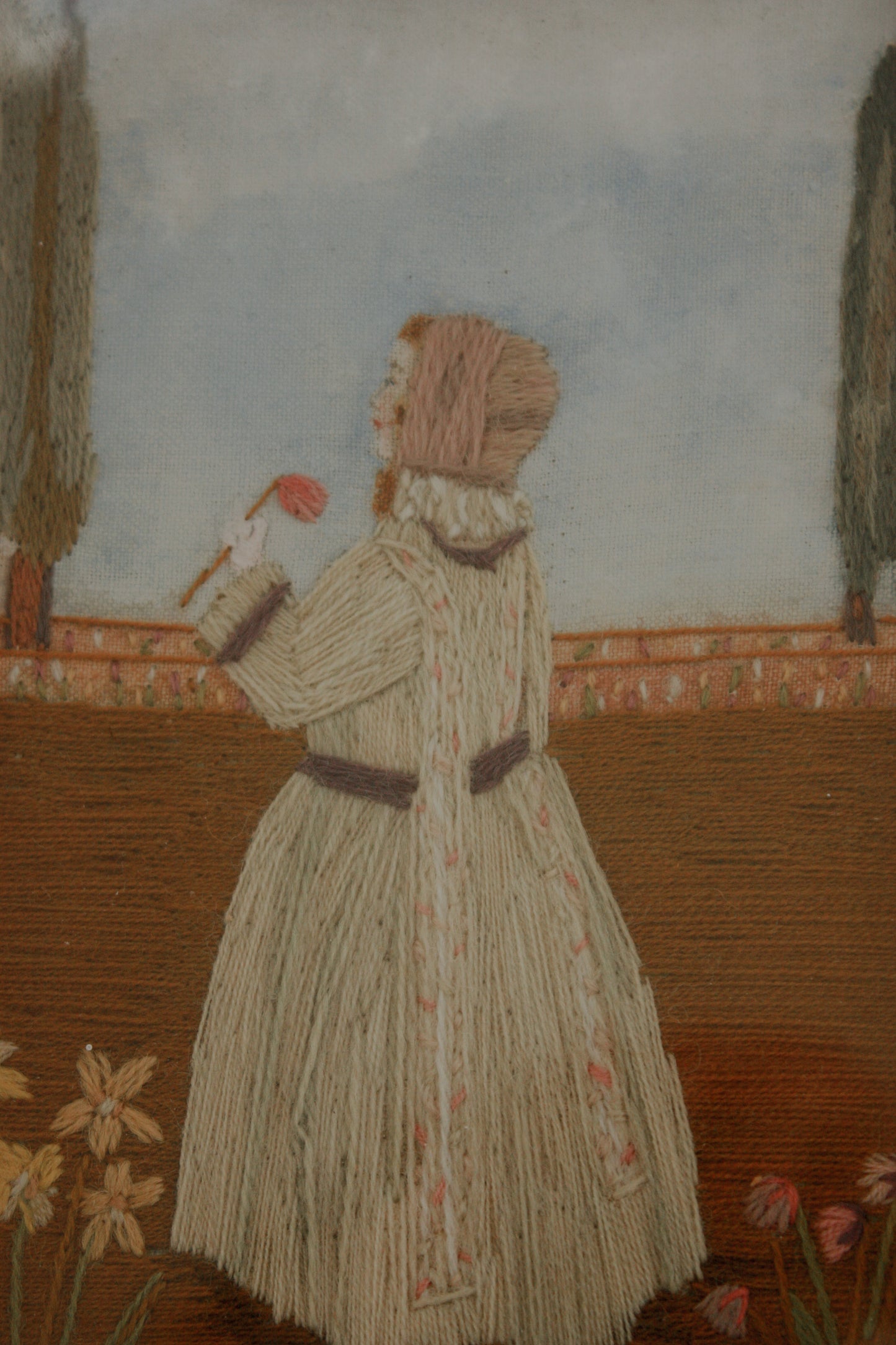 Antique folk art framed embroidery picture - stop and smell the roses
