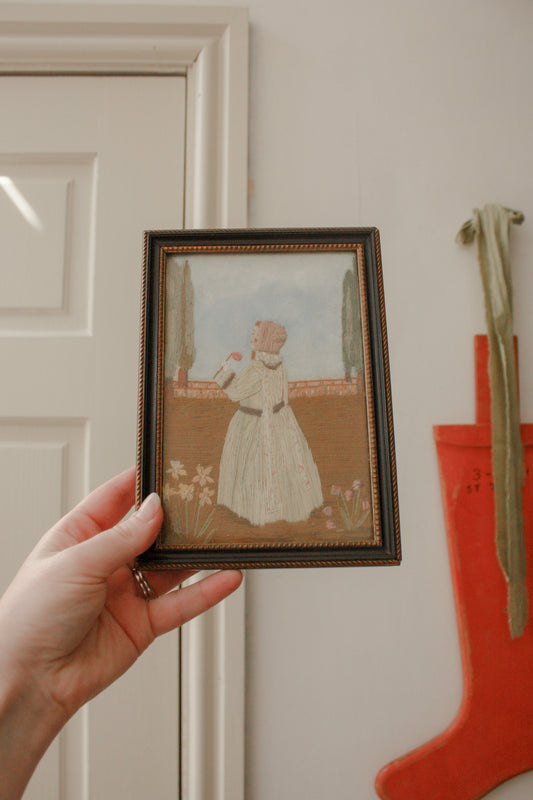 Antique folk art framed embroidery picture - stop and smell the roses