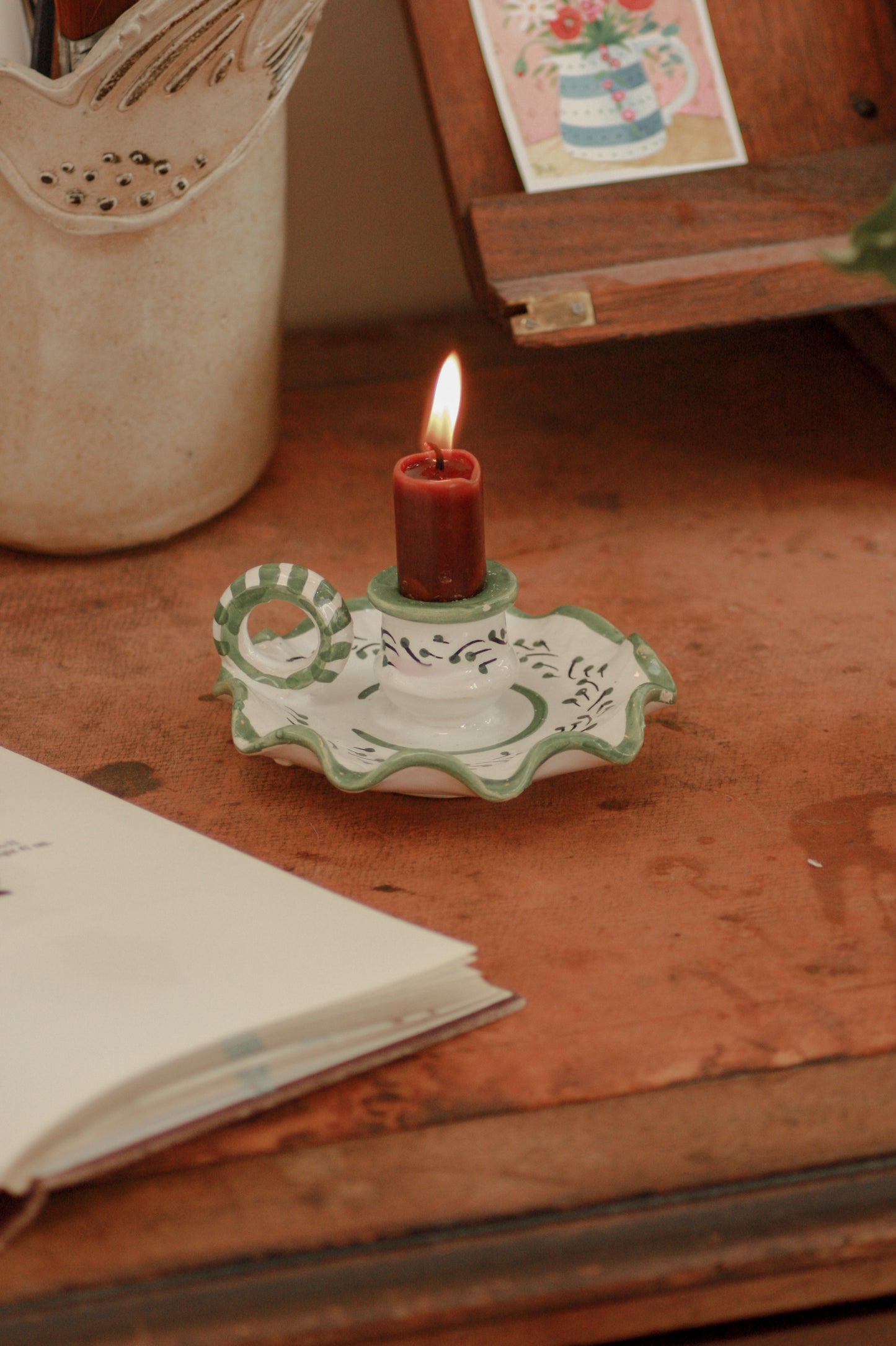 Vintage ruffle rim pottery candleholder chamberstick