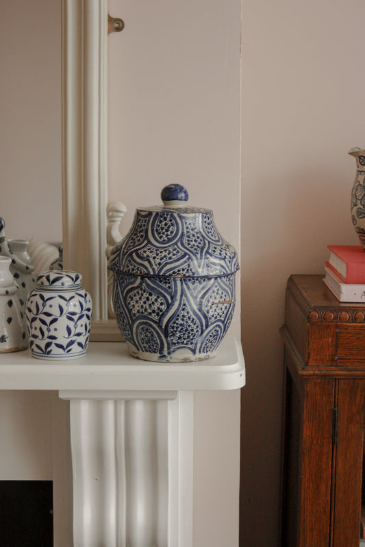 Vintage hand painted blue and white lidded pot