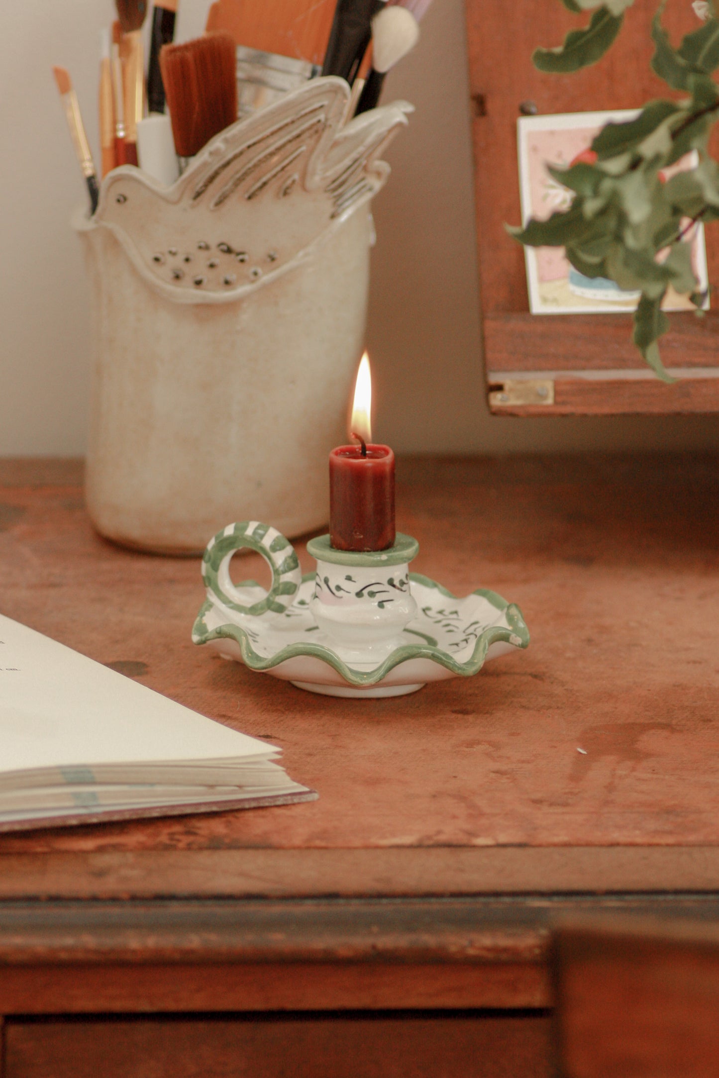 Vintage ruffle rim pottery candleholder chamberstick