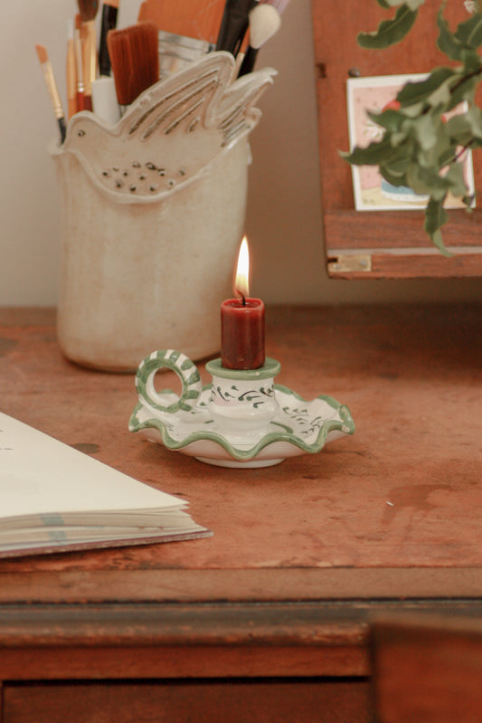 Vintage ruffle rim pottery candleholder chamberstick