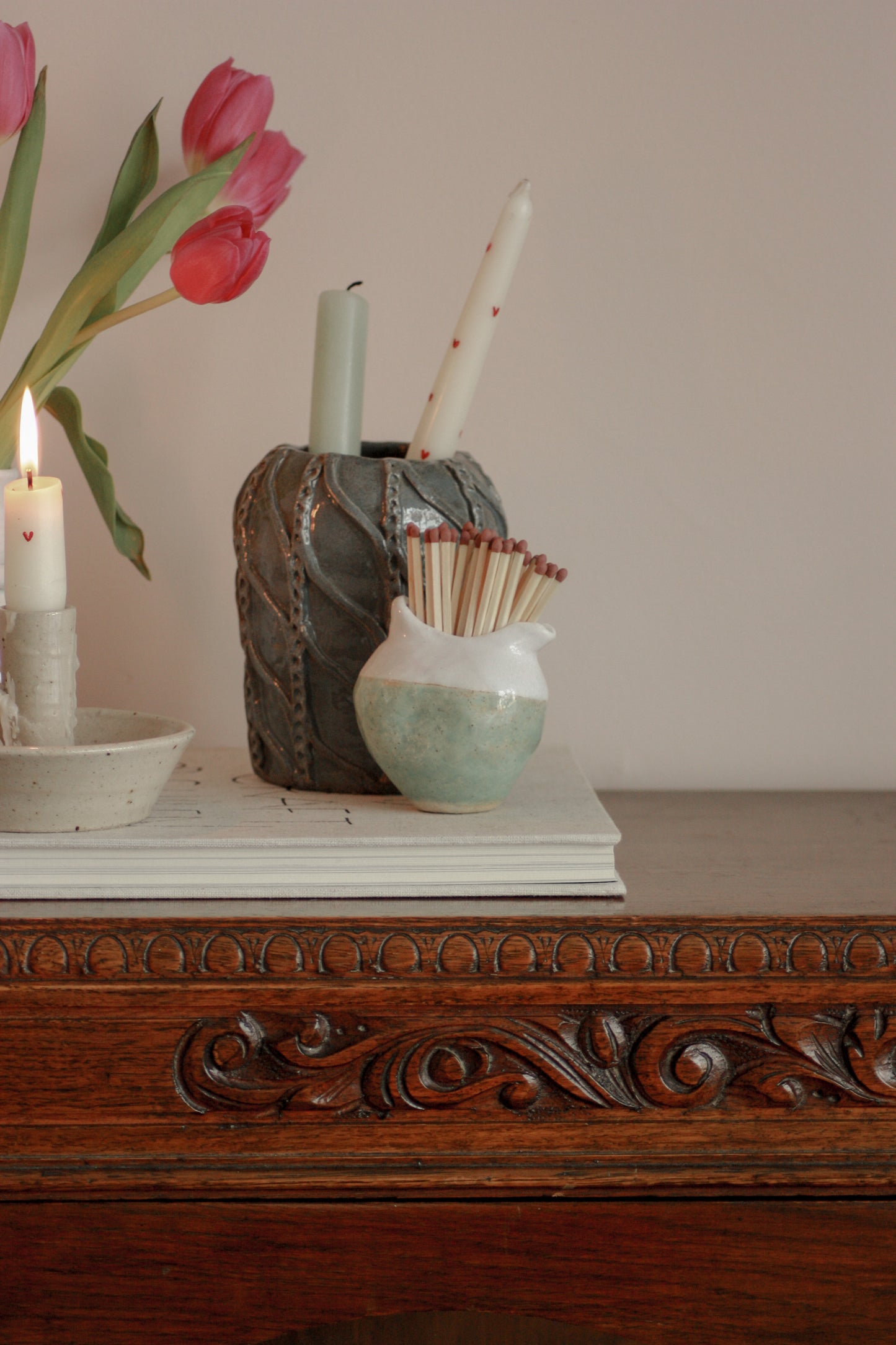 Studio pottery two-tone match pot
