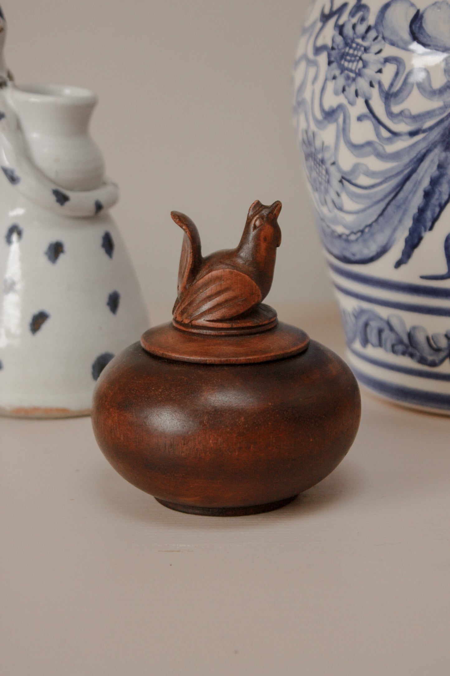 Vintage hand carved wooden chicken pot