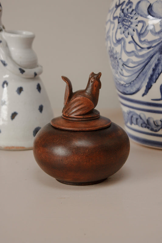 Vintage hand carved wooden chicken pot