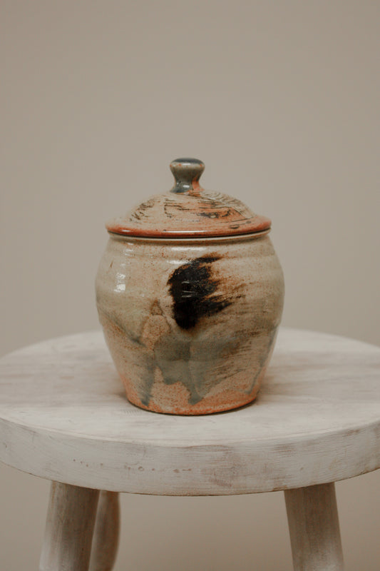 Studio pottery lidded pot with brushed watercolour design