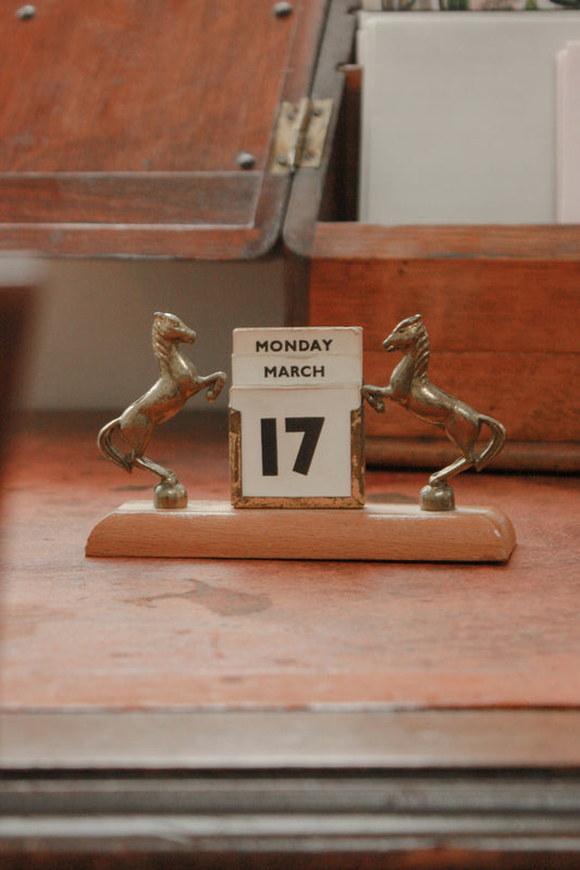 Vintage brass rearing horses perpetual calendar