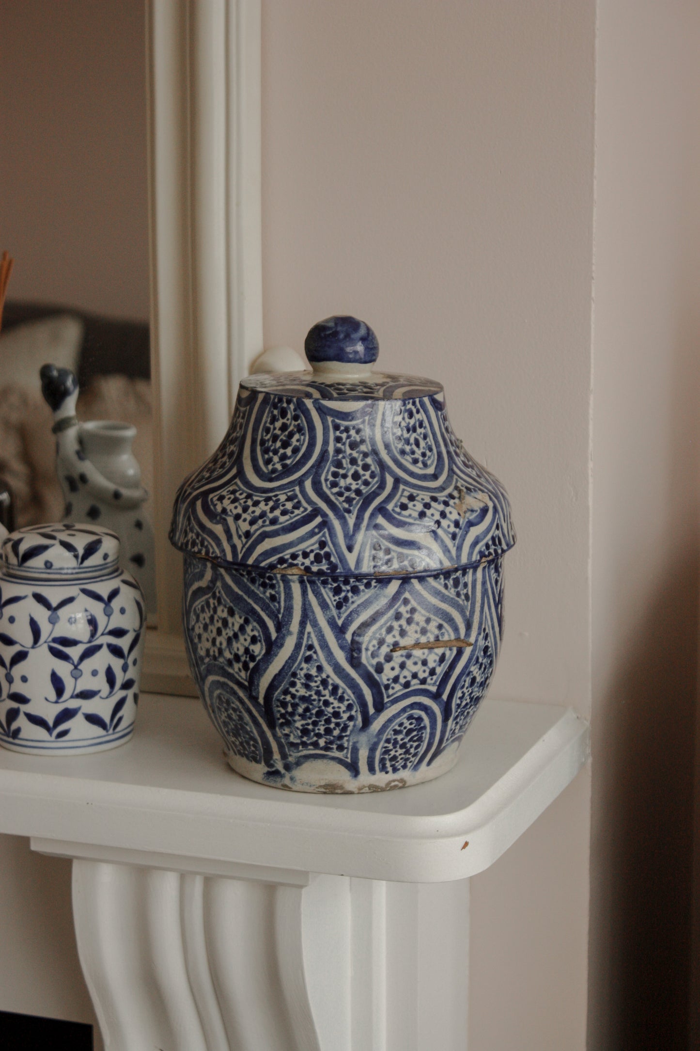 Vintage hand painted blue and white lidded pot