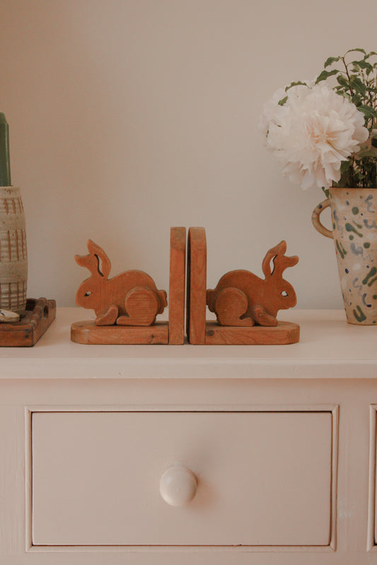 Vintage handmade wooden rabbit bookends