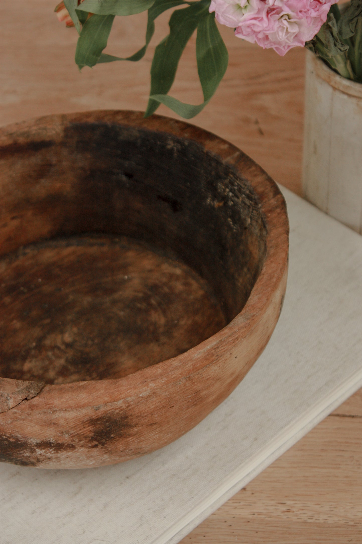 Vintage weathered and textured rustic wooden bowl