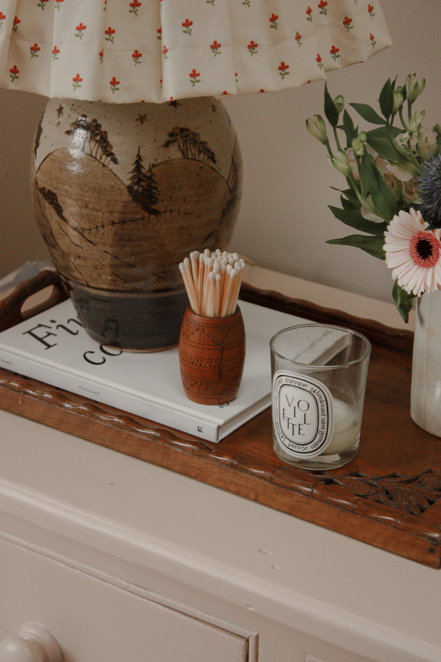 Vintage carved wooden match pot