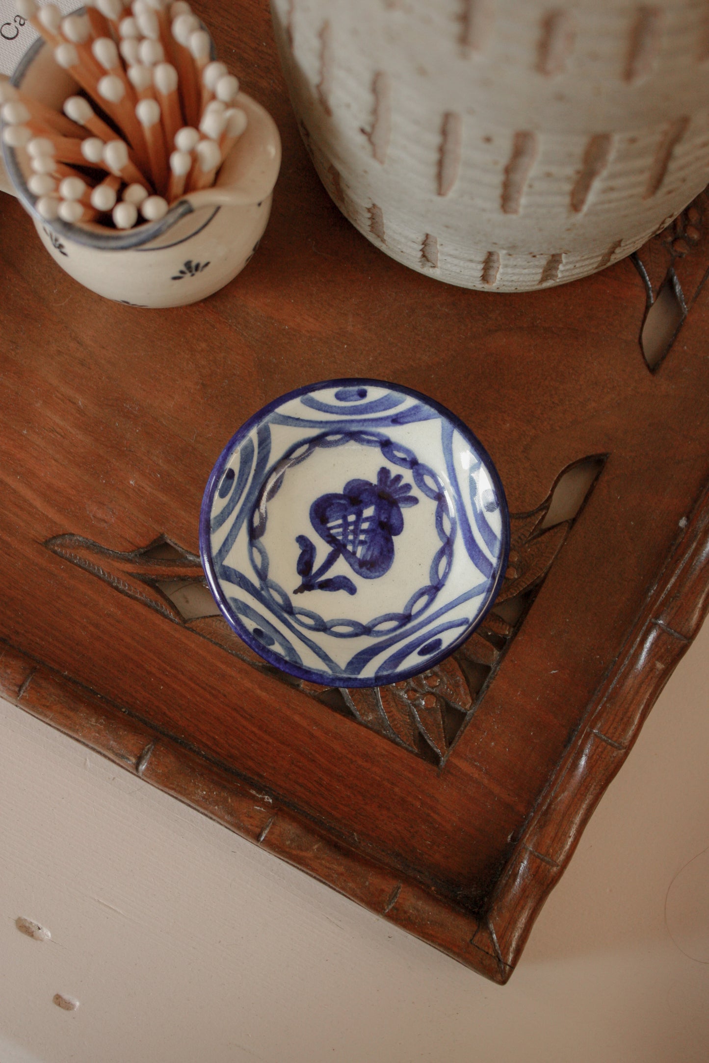 Vintage hand painted blue and white pin dish