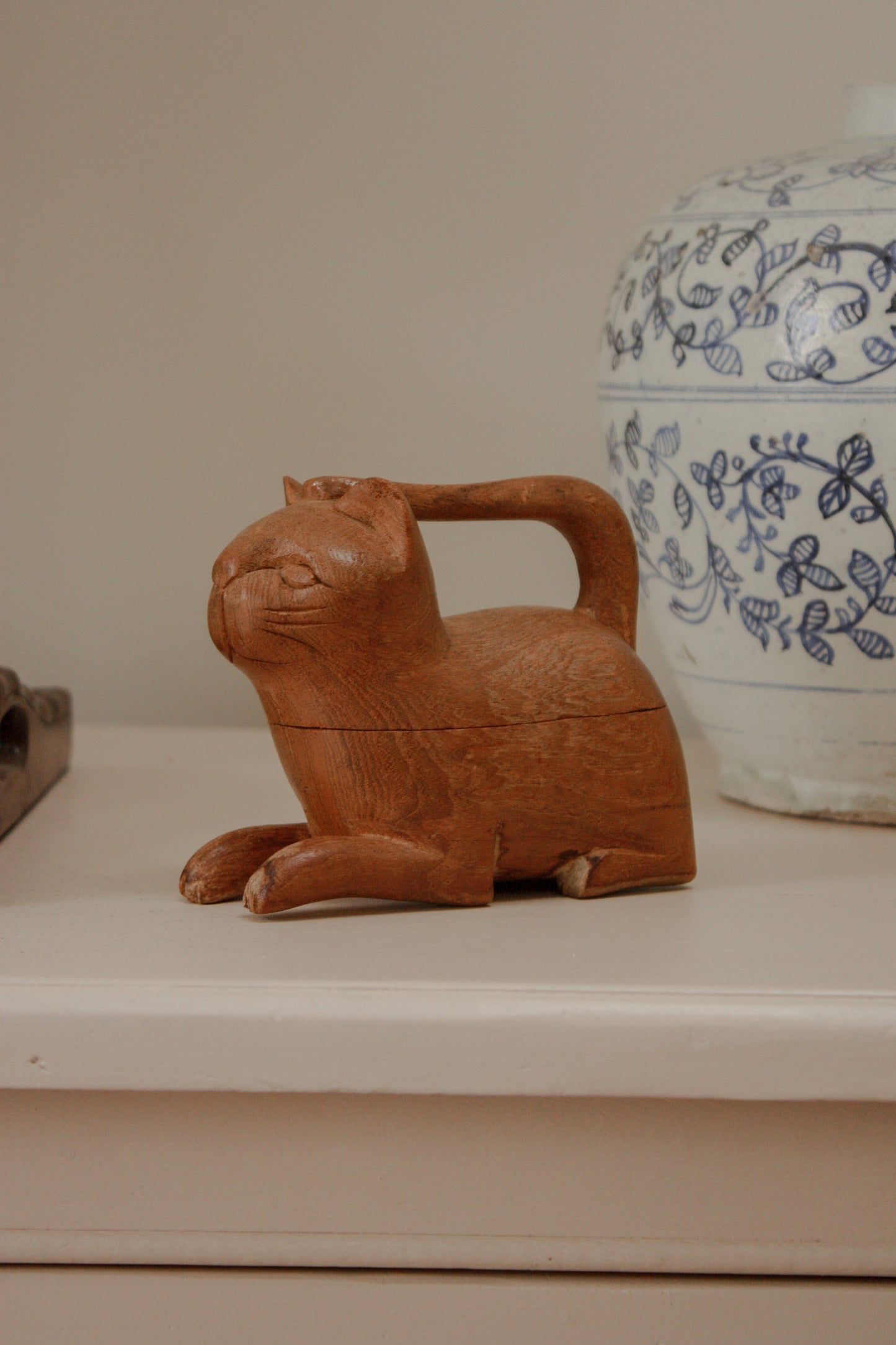 Vintage folk art carved cat box