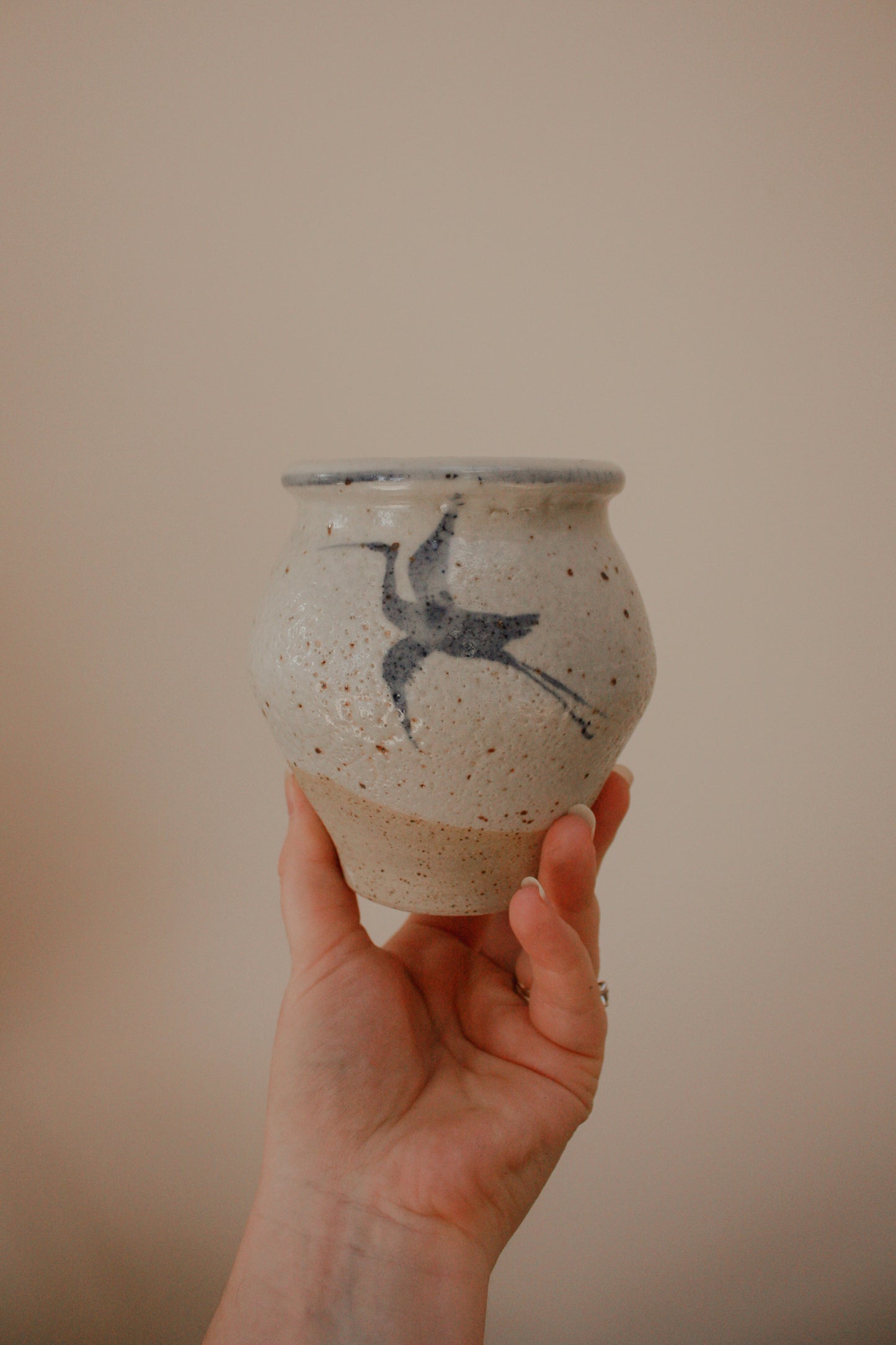 Handpainted Crane studio pottery vessel