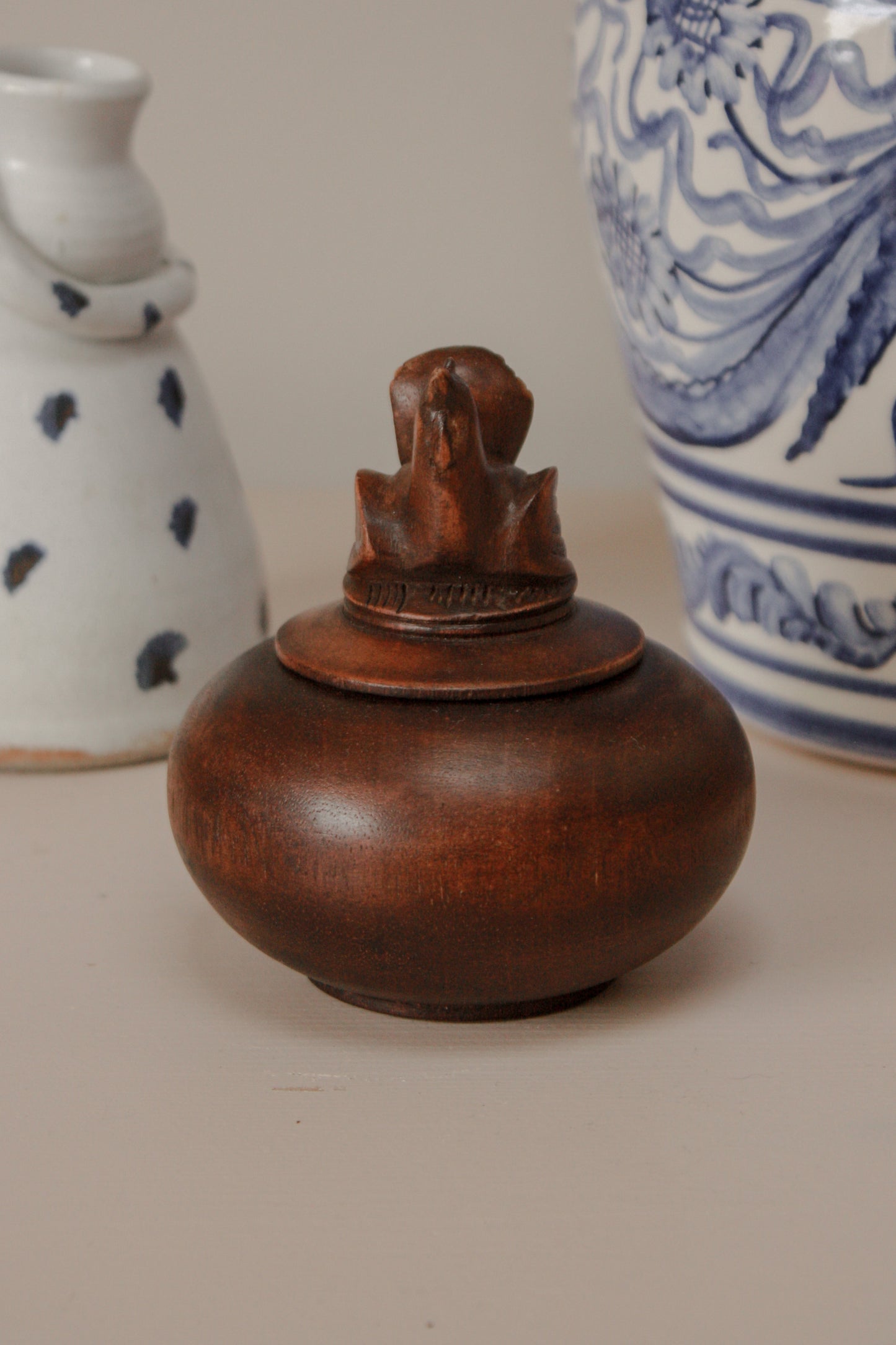 Vintage hand carved wooden chicken pot
