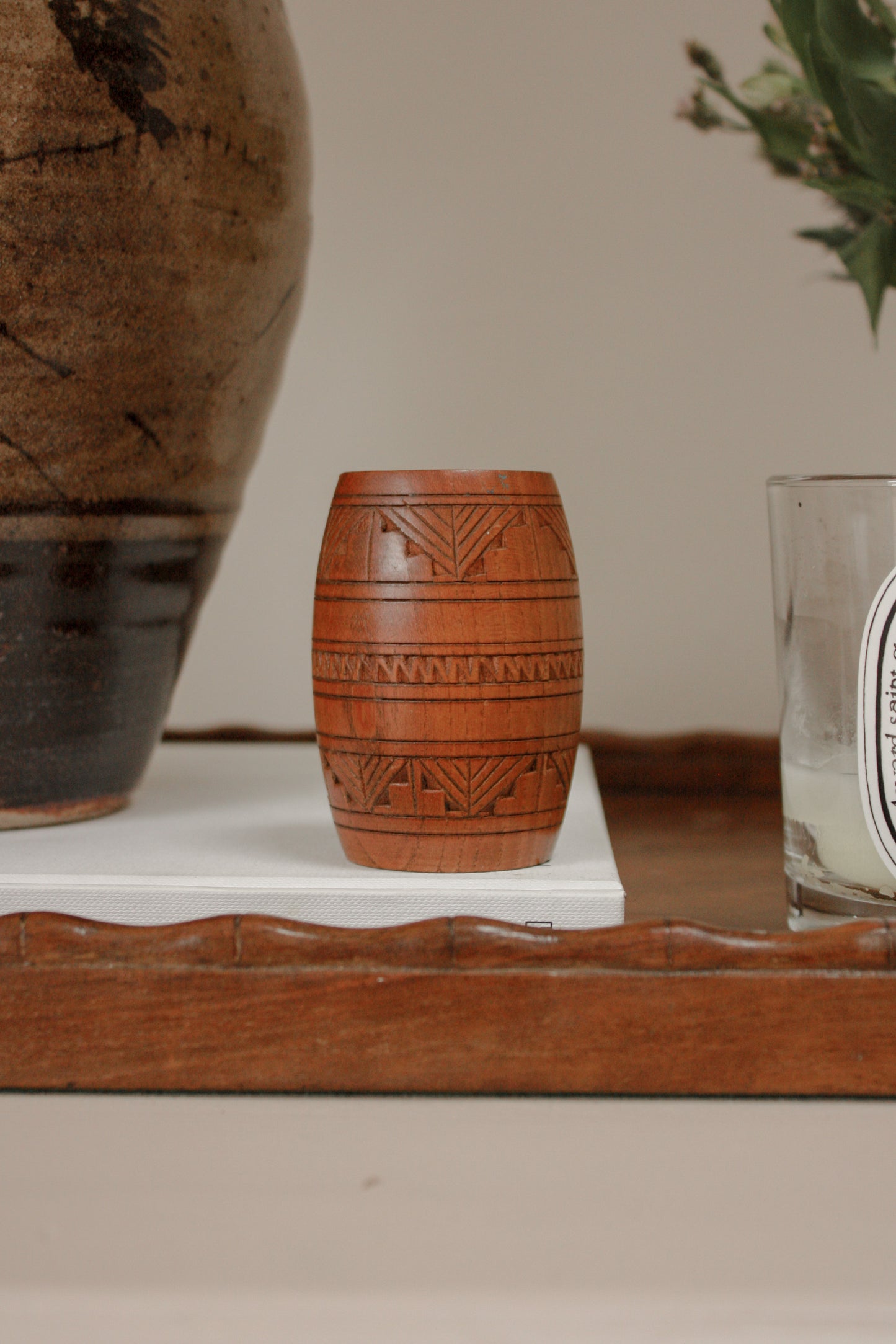 Vintage carved wooden match pot