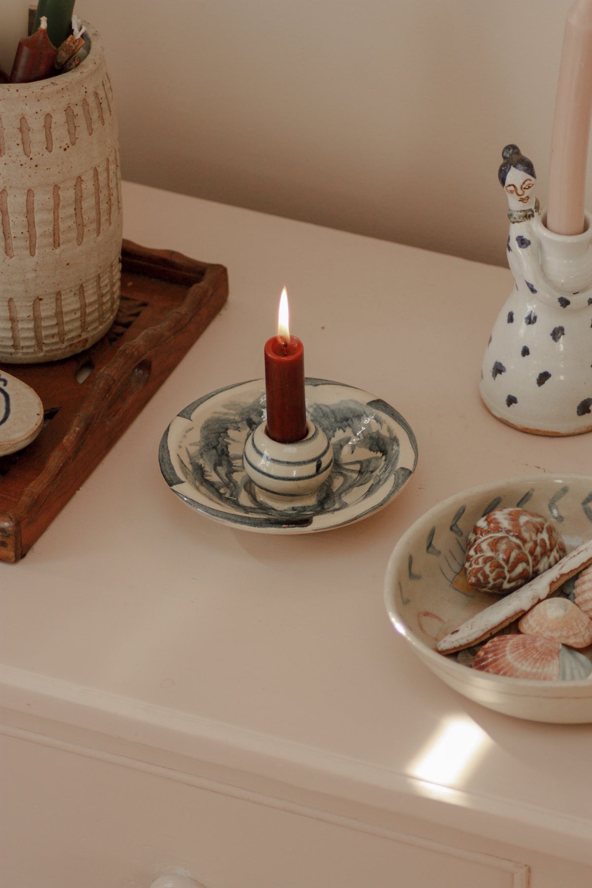 Vintage terracotta slip glaze candleholder